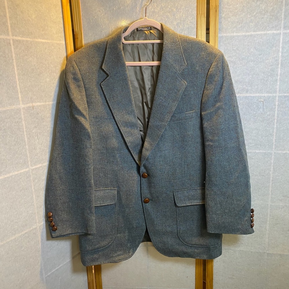 VTG McQuade's Vintage Mens Blue Herringbone Wool Tweed Blazer Sport Coat USA